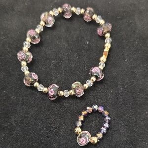 Elegant Floral Beaded Bracelet Ring Set